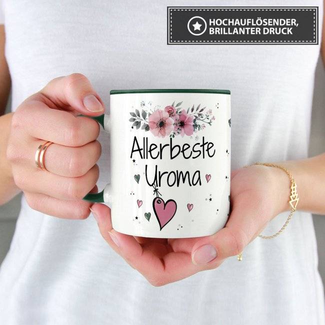Tassendruck mit schönem Blumenmotiv - Allerbeste Uroma - Innen & Henkel Dunkelgrün Preisnachlass