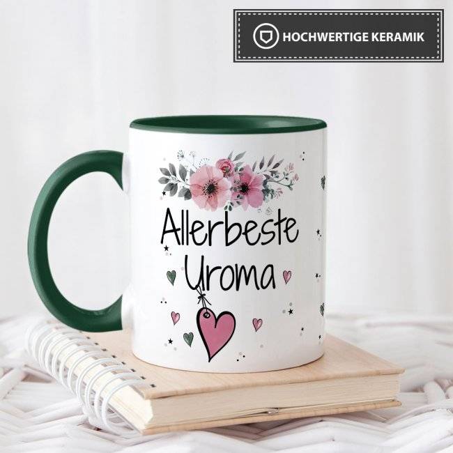 Tassendruck mit schönem Blumenmotiv - Allerbeste Uroma - Innen & Henkel Dunkelgrün Preisnachlass