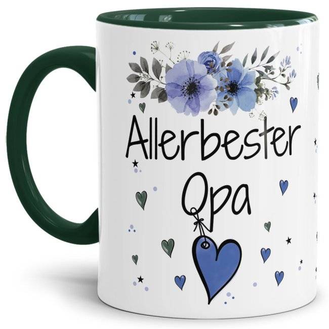 Tassendruck mit schönem Blumenmotiv - Allerbester Opa - Innen & Henkel Dunkelgrün