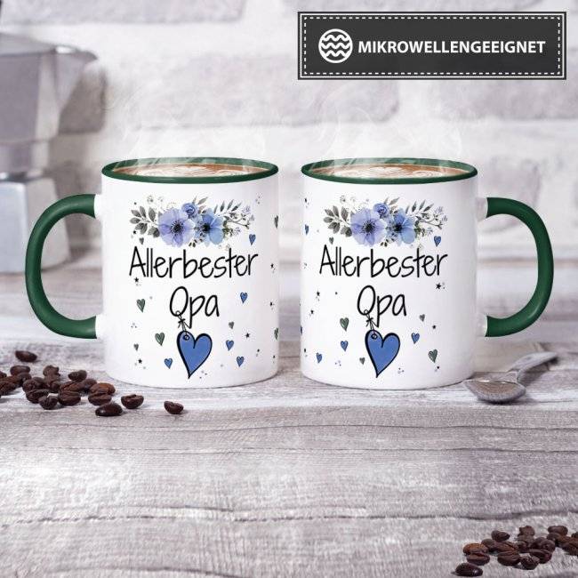 Tassendruck mit schönem Blumenmotiv - Allerbester Opa - Innen & Henkel Dunkelgrün Saisonschlussverkauf