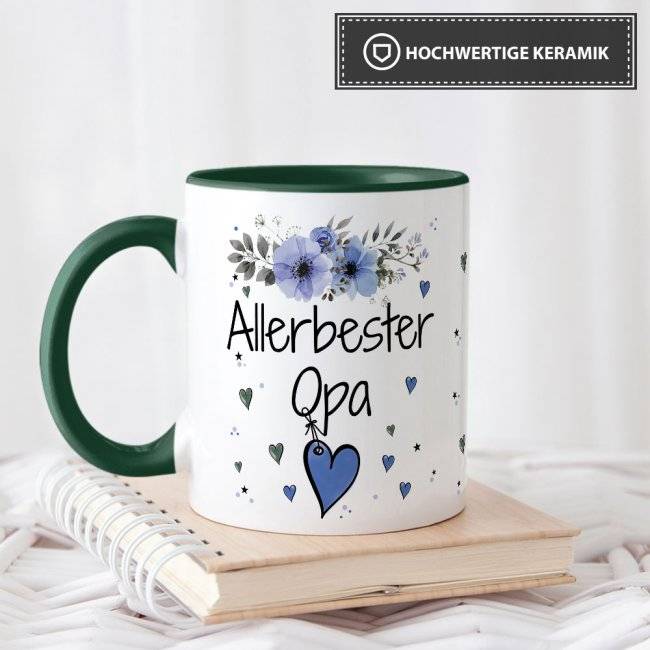 Tassendruck mit schönem Blumenmotiv - Allerbester Opa - Innen & Henkel Dunkelgrün Saisonschlussverkauf