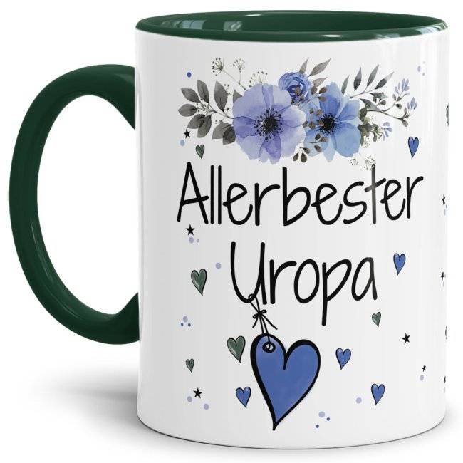 Tassendruck mit schönem Blumenmotiv - Allerbester Uropa - Innen & Henkel Dunkelgrün