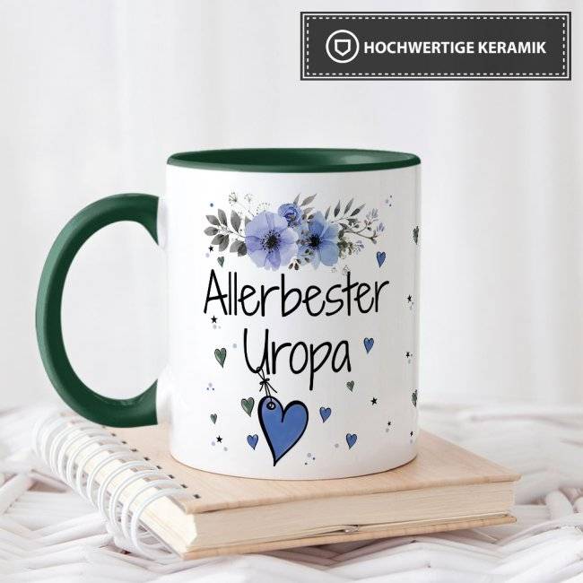 Tassendruck mit schönem Blumenmotiv - Allerbester Uropa - Innen & Henkel Dunkelgrün Black Friday