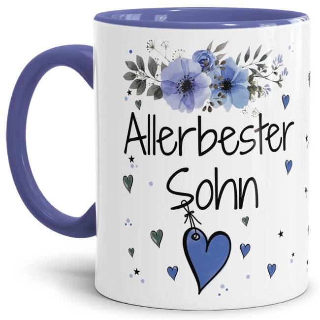 Tassendruck mit schönem Blumenmotiv - Allerbester Sohn - Innen & Henkel Cambridge Blau