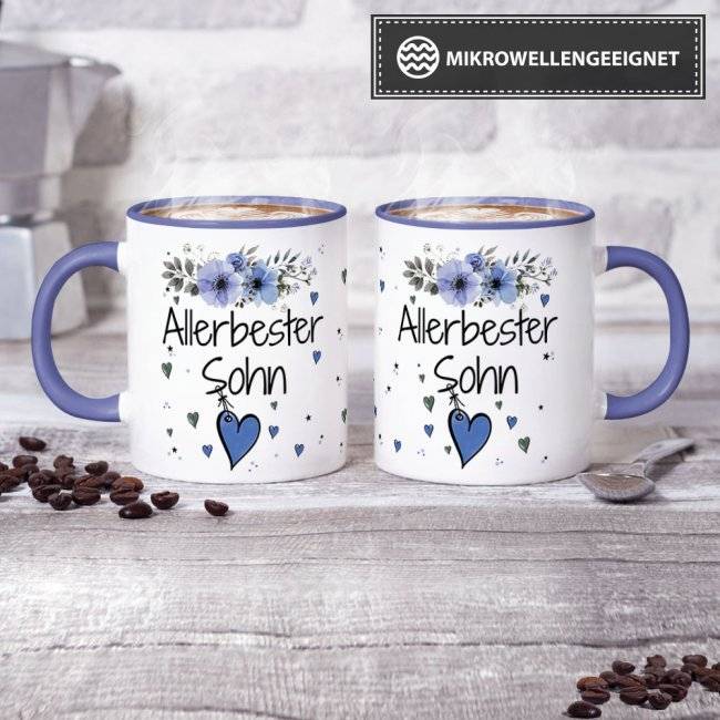 Tassendruck mit schönem Blumenmotiv - Allerbester Sohn - Innen & Henkel Cambridge Blau Osterangebot