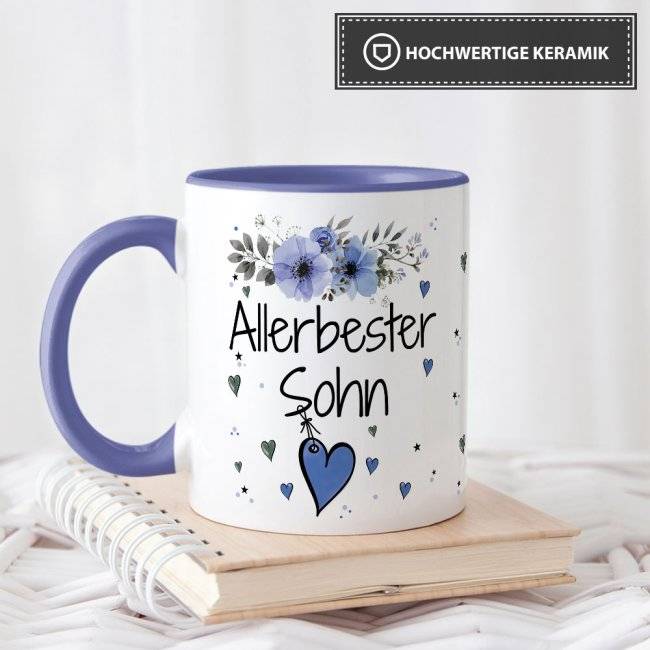 Tassendruck mit schönem Blumenmotiv - Allerbester Sohn - Innen & Henkel Cambridge Blau Osterangebot