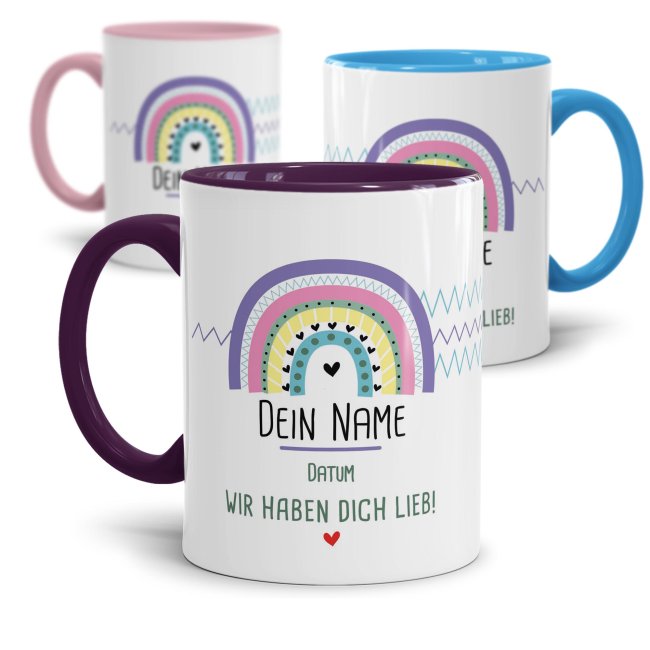 Tassendruck Namenstasse und Datum - Regenbogen, Wir haben dich lieb Muttertagsangebot