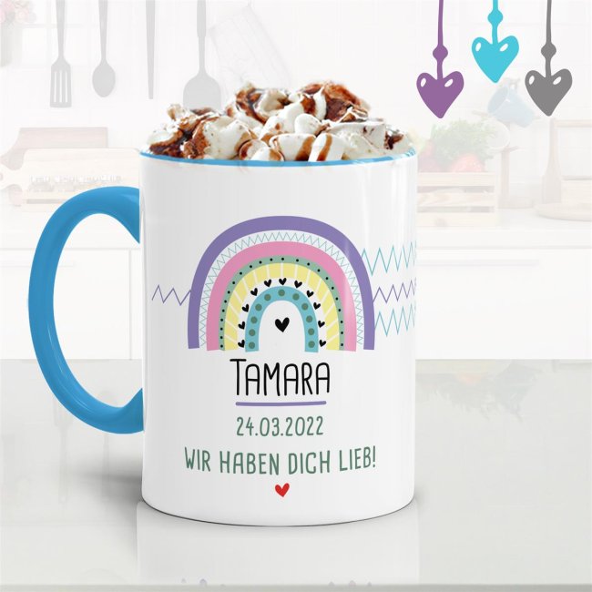 Tassendruck Namenstasse und Datum - Regenbogen, Wir haben dich lieb Muttertagsangebot