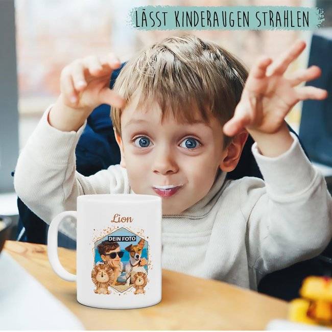 Tassendruck Plastiktasse mit Foto für Kinder - Löwe - mit Name personalisierbar - aus robustem Kunststoff Vatertagsangebot