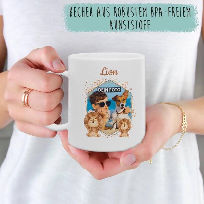 Tassendruck Plastiktasse mit Foto für Kinder - Löwe - mit Name personalisierbar - aus robustem Kunststoff Vatertagsangebot