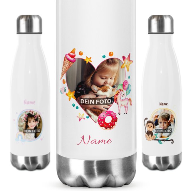 Tassendruck Trinkflasche aus Edelstahl für Kinder - mit Bild und Name - verschiedene Rahmen