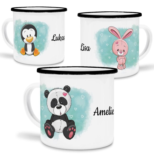 Tassendruck Kindertasse aus Emaille - Süße Tiermotive - mit Wunschname personalisierbar