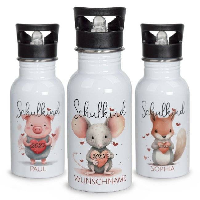 Tassendruck Edelstahl Trinkflasche für Schulkind - verschiedene Tiermotive - mit Name und Jahr personalisierbar - 500 ml