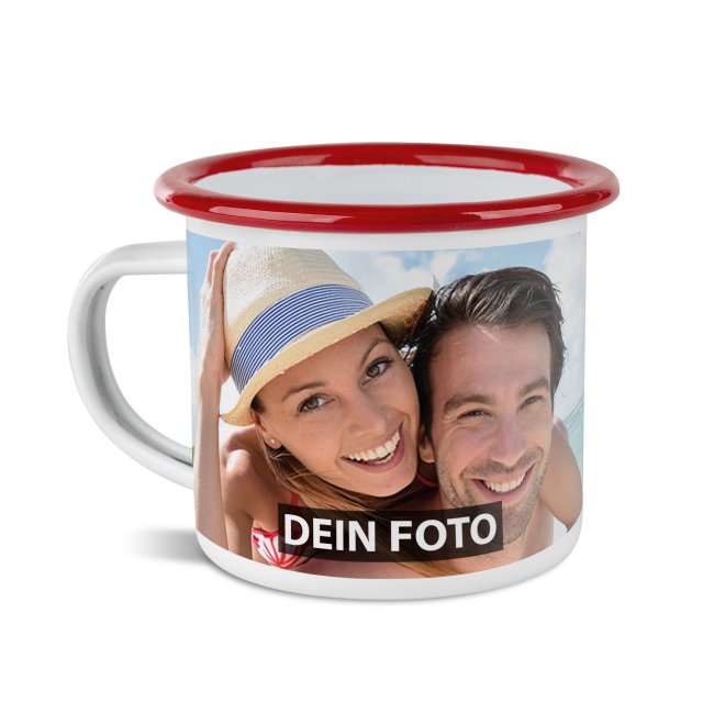 Tassendruck Große Emailletasse weiß Rand rot - 300 ml