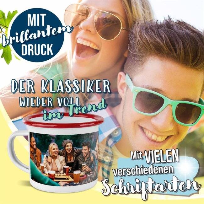 Tassendruck Große Emailletasse weiß Rand rot - 300 ml Räumungsverkauf