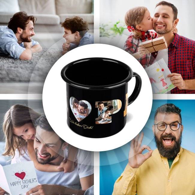 Tassendruck Emaille- schwarz - Papa - selbst gestalten mit Fotocollage für fünf Fotos Tiefpreis