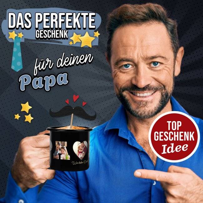 Tassendruck Emaille- schwarz - Papa - selbst gestalten mit Fotocollage für fünf Fotos Tiefpreis