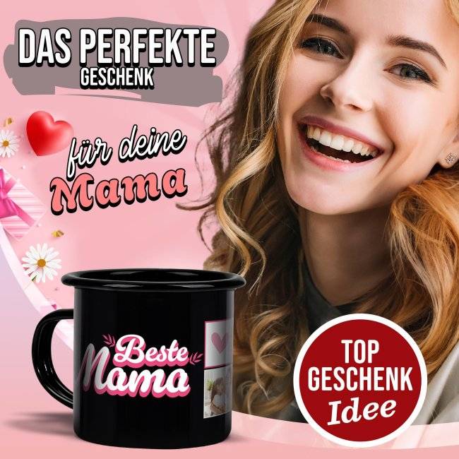Tassendruck Emaille- schwarz für die beste Mama - mit drei Fotos Kostenlose Rückgabe
