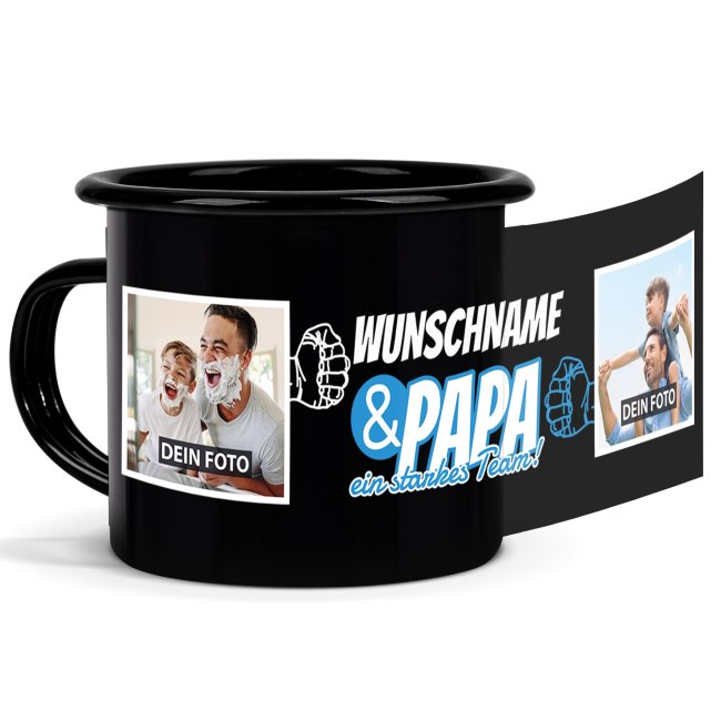 Tassendruck Schwarze Emaille- für Papa - Starkes Team - mit Name und Fotos