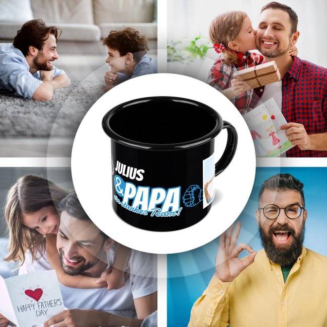 Tassendruck Schwarze Emaille- für Papa - Starkes Team - mit Name und Fotos Letzte 3 Tage