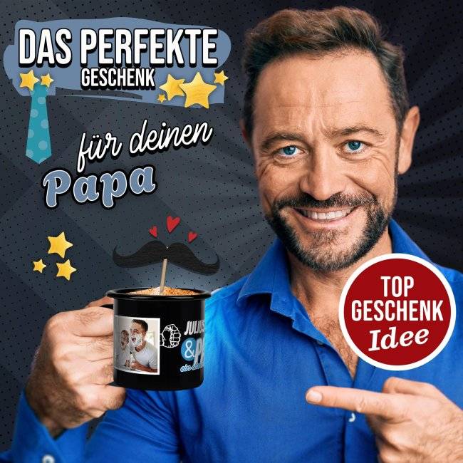 Tassendruck Schwarze Emaille- für Papa - Starkes Team - mit Name und Fotos Letzte 3 Tage