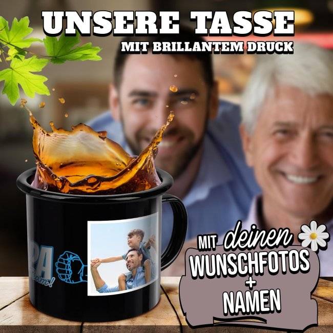 Tassendruck Schwarze Emaille- für Papa - Starkes Team - mit Name und Fotos Letzte 3 Tage