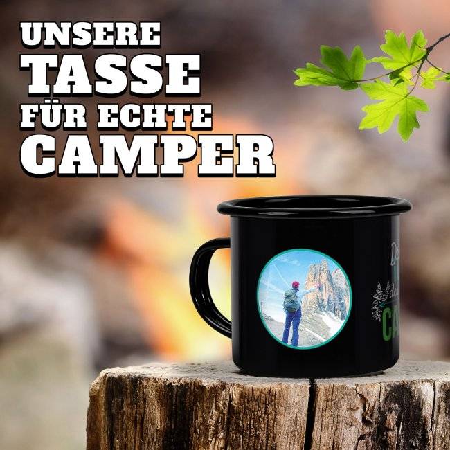 Tassendruck Spruchtasse aus schwarzer Emaille - Der tut nix, der will nur campen - mit 2 Fotos gestalten JETZT KAUFEN