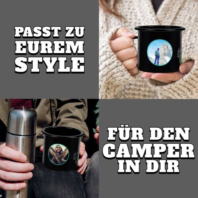 Tassendruck Spruchtasse aus schwarzer Emaille - Der tut nix, der will nur campen - mit 2 Fotos gestalten JETZT KAUFEN