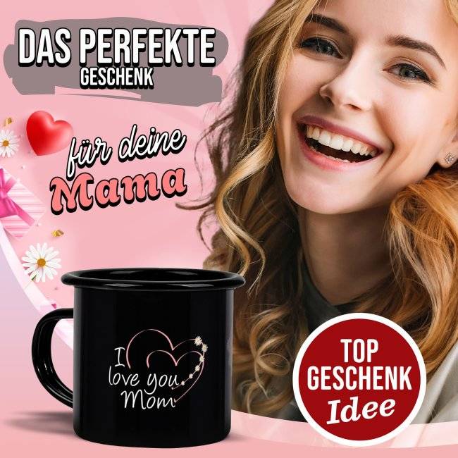 Tassendruck Emaille- schwarz für Mama - I love you - mit Foto bedruckt Neueste Stile