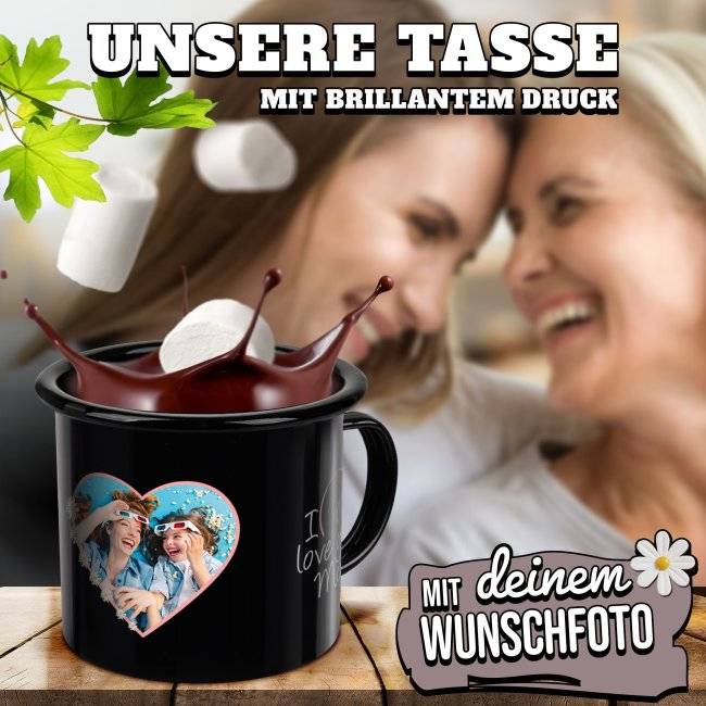 Tassendruck Emaille- schwarz für Mama - I love you - mit Foto bedruckt Neueste Stile
