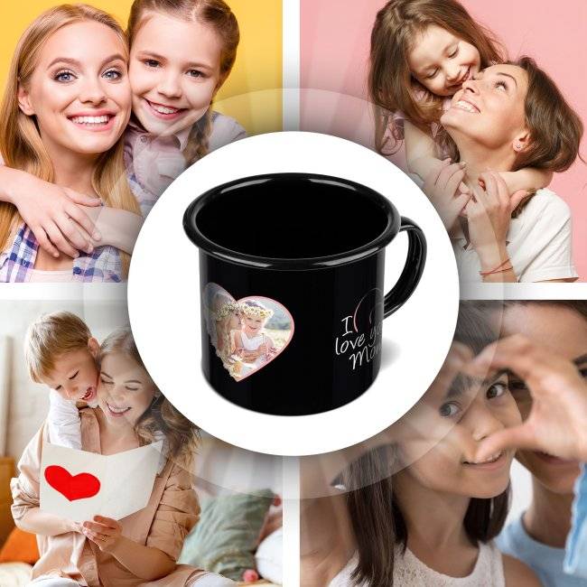 Tassendruck Emaille- schwarz für Mama - I love you - mit Foto bedruckt Neueste Stile