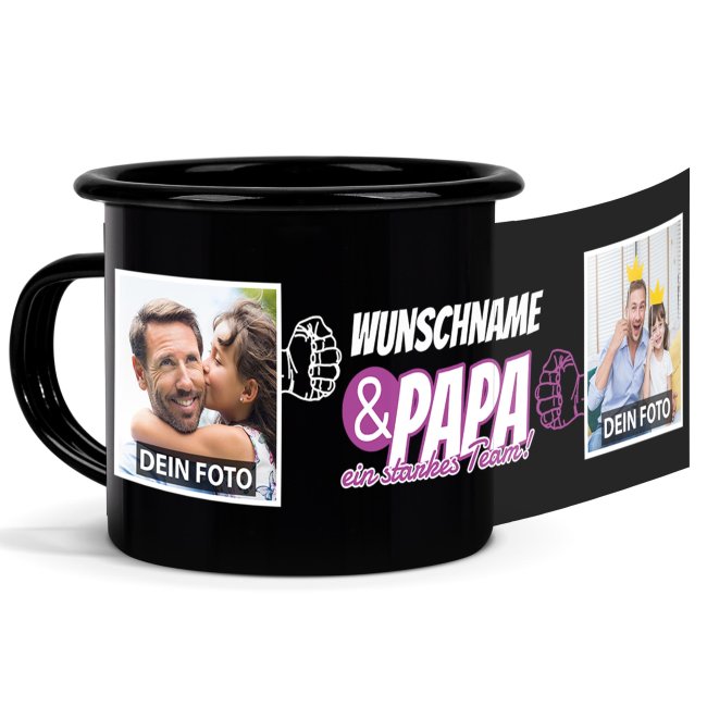 Tassendruck Schwarze Emaille- für Papa von der Tochter - Starkes Team - mit Name und Fotos