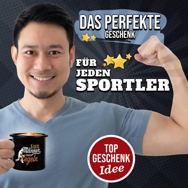 Tassendruck Schwarze Emaille- mit Spruch - Echte Männer gehen Kegeln Sonderangebot der Fabrik