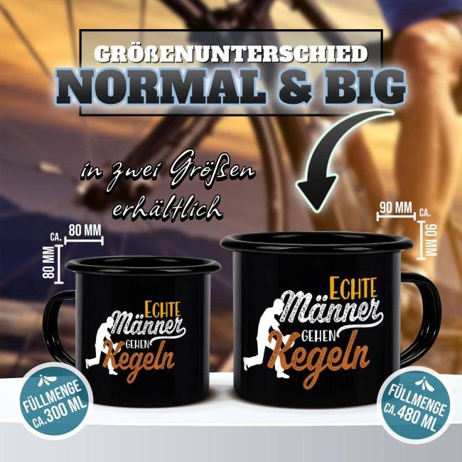 Tassendruck Schwarze Emaille- mit Spruch - Echte Männer gehen Kegeln Sonderangebot der Fabrik