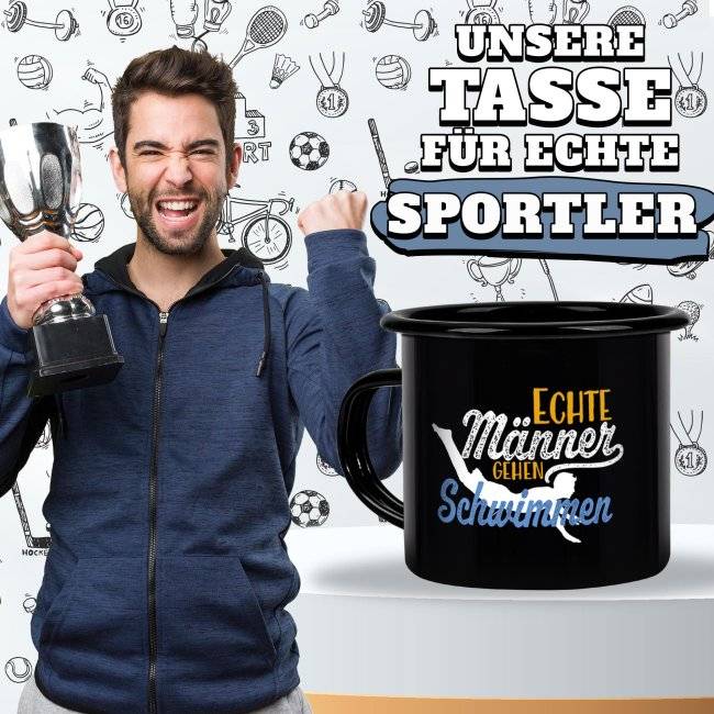 Tassendruck Schwarze Emaille- mit Spruch - Echte Männer gehen Schwimmen Discount Store für neue Produkte