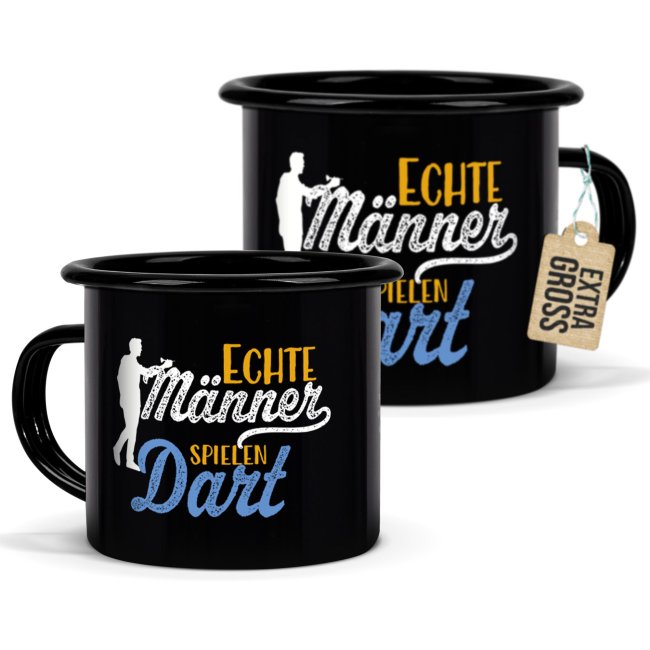 Tassendruck Schwarze Emaille- mit Spruch - Echte Männer spielen Dart