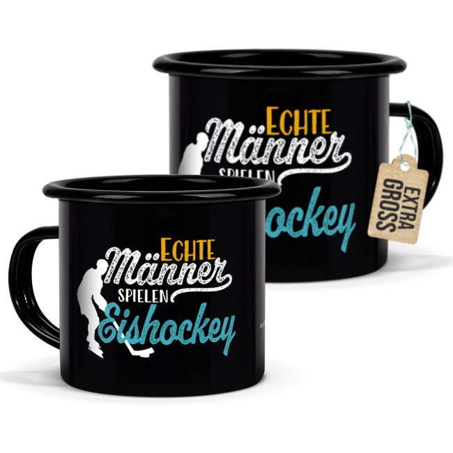 Tassendruck Schwarze Emaille- mit Spruch - Echte Männer spielen Eishockey