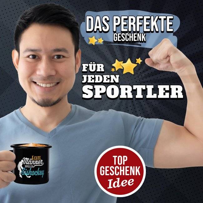 Tassendruck Schwarze Emaille- mit Spruch - Echte Männer spielen Eishockey 50% Rabatt mit kostenlosem Versand