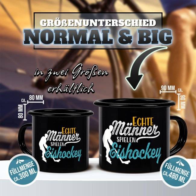 Tassendruck Schwarze Emaille- mit Spruch - Echte Männer spielen Eishockey 50% Rabatt mit kostenlosem Versand