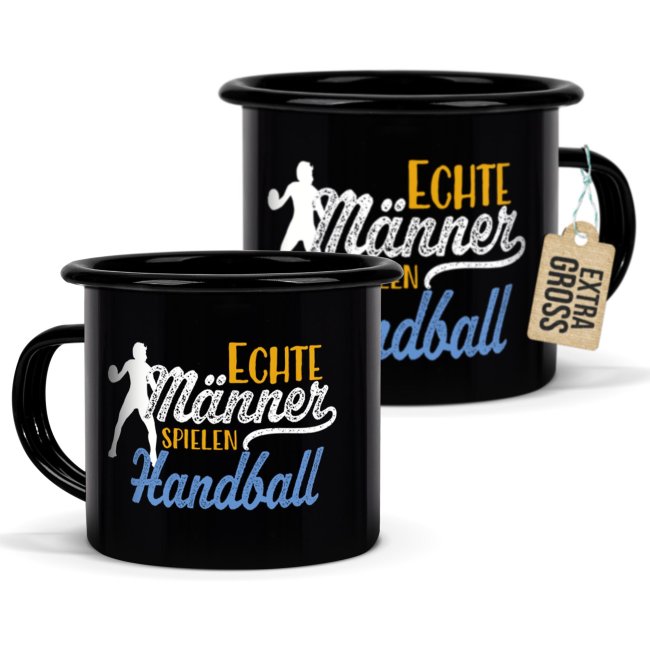 Tassendruck Schwarze Emaille- mit Spruch - Echte Männer spielen Handball