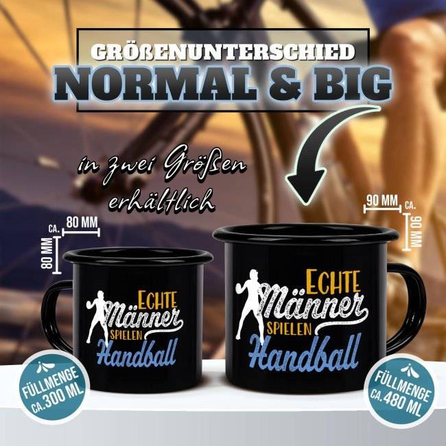 Tassendruck Schwarze Emaille- mit Spruch - Echte Männer spielen Handball Kostenloser Versand international