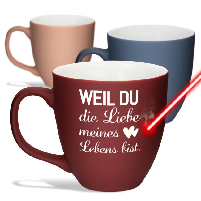 Tassendruck Samtig-matte Porzellantasse mit Gravur - XXL Jumbotasse - Liebe meines Lebens - mit Softtouch-Effekt