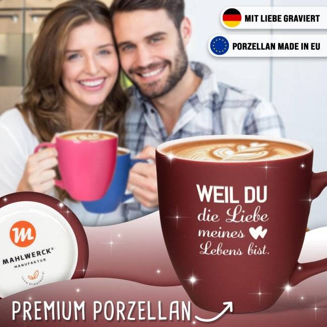 Tassendruck Samtig-matte Porzellantasse mit Gravur - XXL Jumbotasse - Liebe meines Lebens - mit Softtouch-Effekt Super Sparpreis