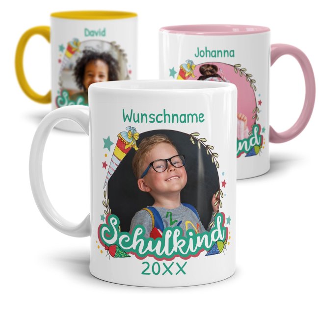 Tassendruck Personaliserte zum Schulstart - Schulkind Türkis - mit Foto, Jahr und Name