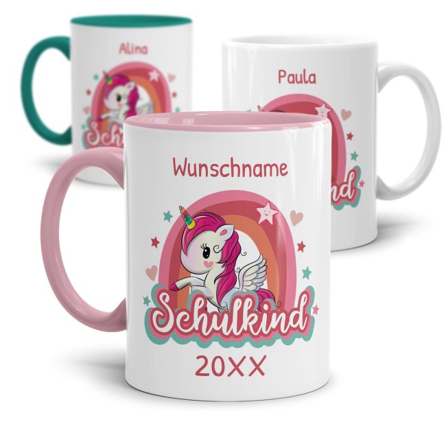 Tassendruck zur Einschulung - Einhorn - Schulkind - mit Jahr und Name personalisierbar
