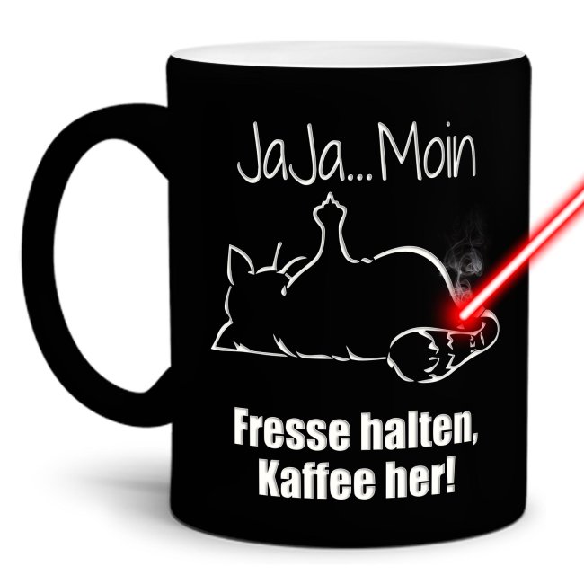 Tassendruck mit Gravur - Jaja Moin - Fresse halten, Kaffee her! Im Verkauf