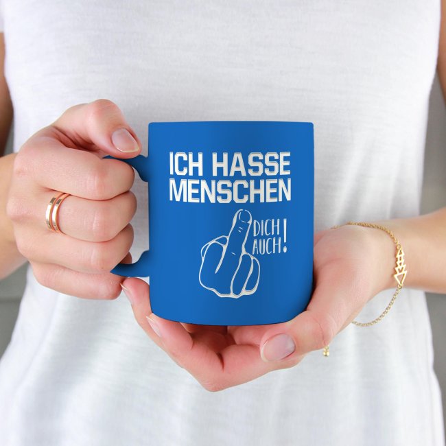 Tassendruck Neon mit Gravur - Ich hasse Menschen 50% Rabatt für begrenzte Zeit