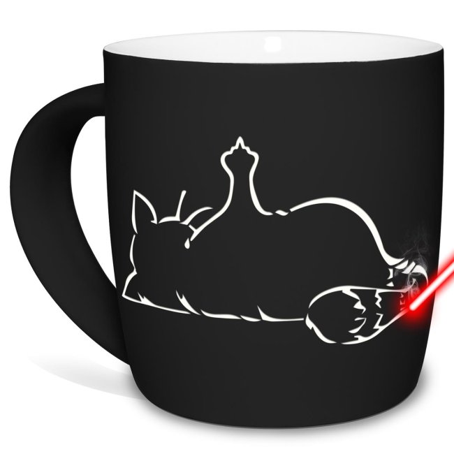 Tassendruck Tassen mit Lasergravur - Katze zeigt Mittelfinger