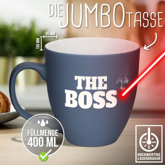 Tassendruck Samtig-matte Porzellantasse mit Gravur - XXL Jumbotasse - THE BOSS - Softtouch-Effekt Verkauf