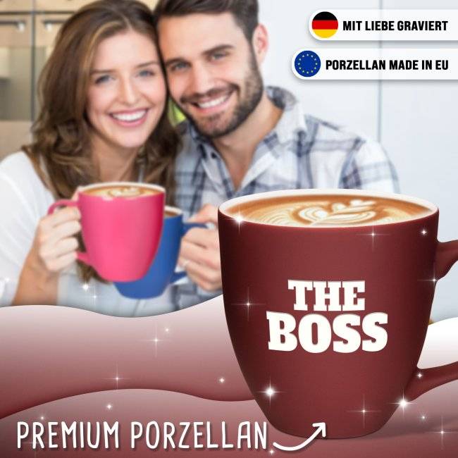 Tassendruck Samtig-matte Porzellantasse mit Gravur - XXL Jumbotasse - THE BOSS - Softtouch-Effekt Verkauf